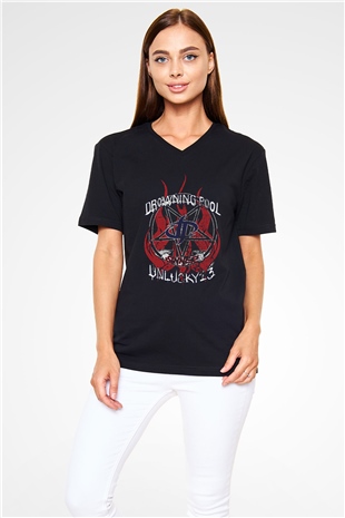Drowning Pool Baskılı Unisex Siyah V Yaka Tişört - Tshirt