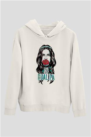 Dua Lipa Baskılı Beyaz Unisex Kapüşonlu Sweatshirt