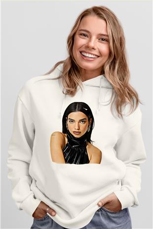 Dua Lipa Baskılı Beyaz Unisex Kapüşonlu Sweatshirt