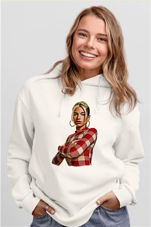 Dua Lipa Baskılı Beyaz Unisex Kapüşonlu Sweatshirt