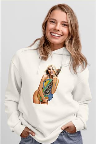 Dua Lipa Baskılı Beyaz Unisex Kapüşonlu Sweatshirt