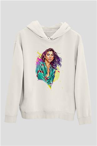 Dua Lipa Baskılı Beyaz Unisex Kapüşonlu Sweatshirt