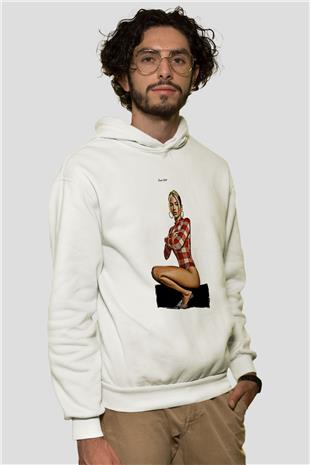 Dua Lipa Baskılı Beyaz Unisex Kapüşonlu Sweatshirt
