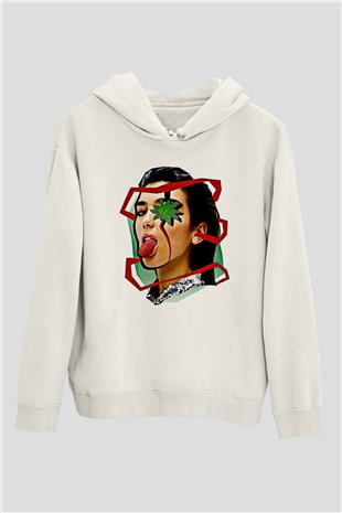 Dua Lipa Baskılı Beyaz Unisex Kapüşonlu Sweatshirt