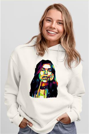 Dua Lipa Baskılı Beyaz Unisex Kapüşonlu Sweatshirt