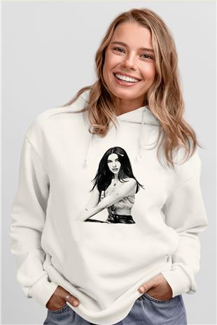 Dua Lipa Baskılı Beyaz Unisex Kapüşonlu Sweatshirt