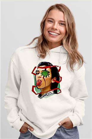 Dua Lipa Baskılı Beyaz Unisex Kapüşonlu Sweatshirt