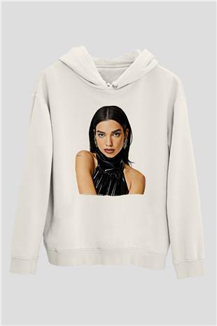 Dua Lipa Baskılı Beyaz Unisex Kapüşonlu Sweatshirt