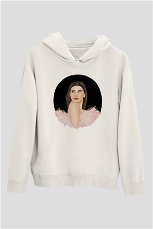 Dua Lipa Baskılı Beyaz Unisex Kapüşonlu Sweatshirt