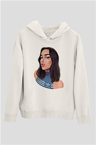 Dua Lipa Baskılı Beyaz Unisex Kapüşonlu Sweatshirt