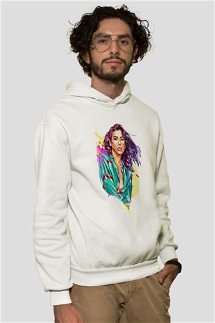 Dua Lipa Baskılı Beyaz Unisex Kapüşonlu Sweatshirt