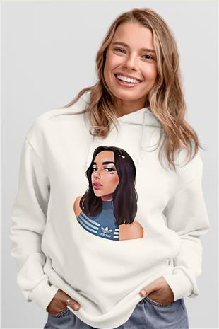 Dua Lipa Baskılı Beyaz Unisex Kapüşonlu Sweatshirt