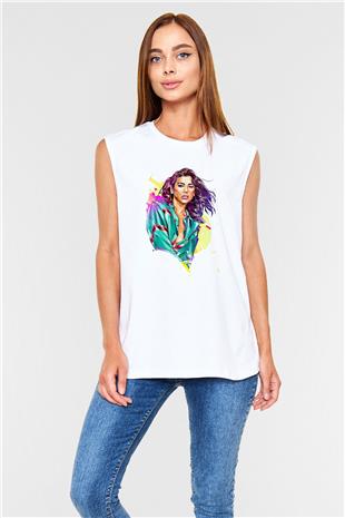 Dua Lipa Baskılı Beyaz Unisex Kolsuz Tişört - Tshirt