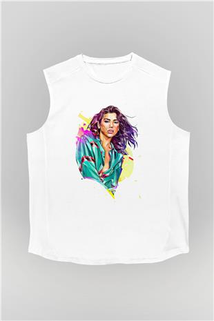 Dua Lipa Baskılı Beyaz Unisex Kolsuz Tişört - Tshirt
