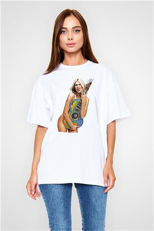 Dua Lipa Baskılı Beyaz Unisex Oversize Tişört - Tshirt