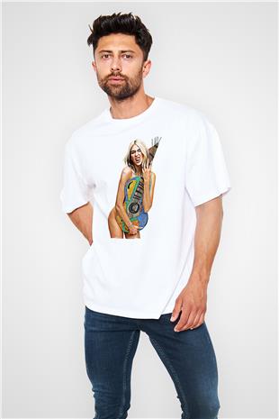 Dua Lipa Baskılı Beyaz Unisex Oversize Tişört - Tshirt