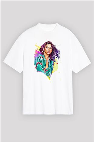 Dua Lipa Baskılı Beyaz Unisex Oversize Tişört - Tshirt