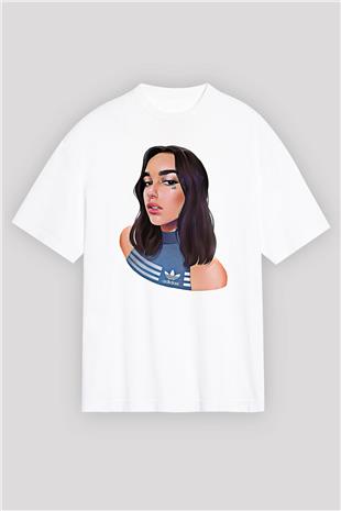 Dua Lipa Baskılı Beyaz Unisex Oversize Tişört - Tshirt