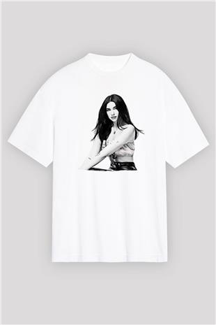 Dua Lipa Baskılı Beyaz Unisex Oversize Tişört - Tshirt