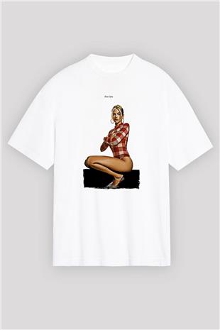 Dua Lipa Baskılı Beyaz Unisex Oversize Tişört - Tshirt