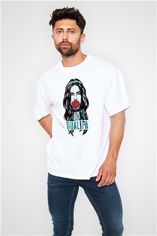 Dua Lipa Baskılı Beyaz Unisex Oversize Tişört - Tshirt