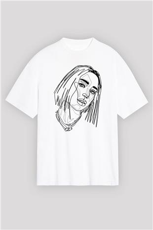 Dua Lipa Baskılı Beyaz Unisex Oversize Tişört - Tshirt