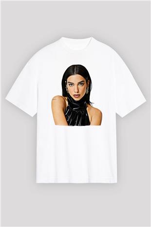 Dua Lipa Baskılı Beyaz Unisex Oversize Tişört - Tshirt