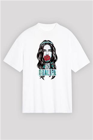 Dua Lipa Baskılı Beyaz Unisex Oversize Tişört - Tshirt