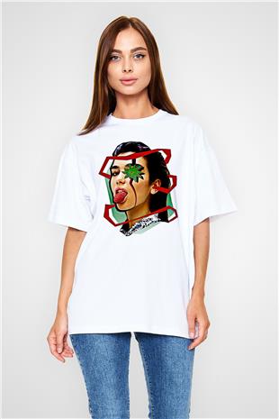 Dua Lipa Baskılı Beyaz Unisex Oversize Tişört - Tshirt