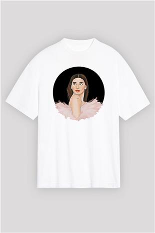 Dua Lipa Baskılı Beyaz Unisex Oversize Tişört - Tshirt