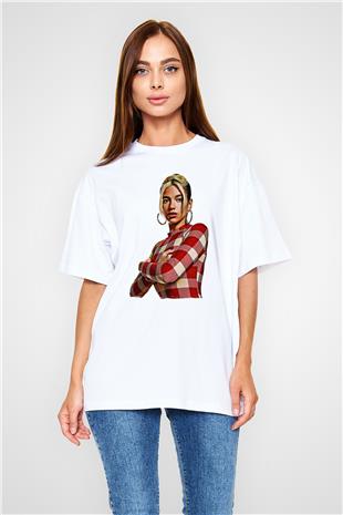 Dua Lipa Baskılı Beyaz Unisex Oversize Tişört - Tshirt