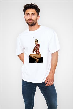 Dua Lipa Baskılı Beyaz Unisex Oversize Tişört - Tshirt