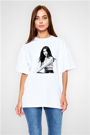Dua Lipa Baskılı Beyaz Unisex Oversize Tişört - Tshirt