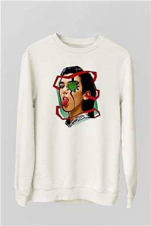 Dua Lipa Baskılı Beyaz Unisex Sweatshirt