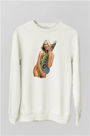 Dua Lipa Baskılı Beyaz Unisex Sweatshirt