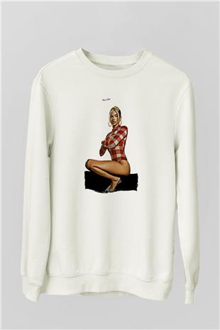 Dua Lipa Baskılı Beyaz Unisex Sweatshirt