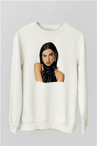 Dua Lipa Baskılı Beyaz Unisex Sweatshirt