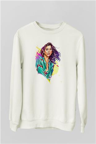Dua Lipa Baskılı Beyaz Unisex Sweatshirt