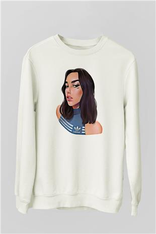 Dua Lipa Baskılı Beyaz Unisex Sweatshirt