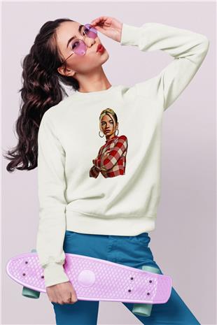 Dua Lipa Baskılı Beyaz Unisex Sweatshirt