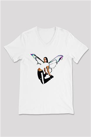 Dua Lipa Baskılı Beyaz Unisex V Yaka Tişört - Tshirt