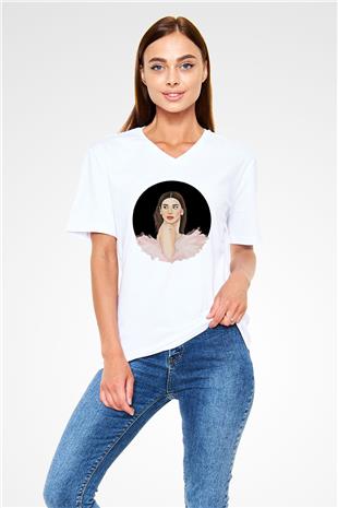 Dua Lipa Baskılı Beyaz Unisex V Yaka Tişört - Tshirt