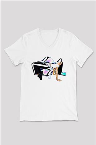 Dua Lipa Baskılı Beyaz Unisex V Yaka Tişört - Tshirt