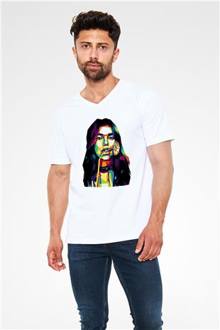 Dua Lipa Baskılı Beyaz Unisex V Yaka Tişört - Tshirt