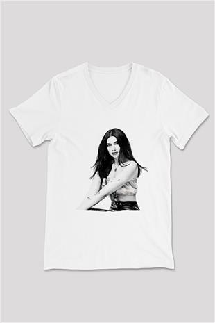 Dua Lipa Baskılı Beyaz Unisex V Yaka Tişört - Tshirt