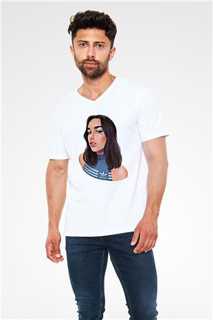 Dua Lipa Baskılı Beyaz Unisex V Yaka Tişört - Tshirt