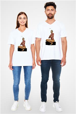 Dua Lipa Baskılı Beyaz Unisex V Yaka Tişört - Tshirt