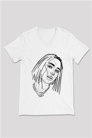 Dua Lipa Baskılı Beyaz Unisex V Yaka Tişört - Tshirt