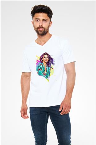 Dua Lipa Baskılı Beyaz Unisex V Yaka Tişört - Tshirt