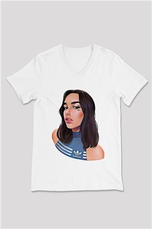 Dua Lipa Baskılı Beyaz Unisex V Yaka Tişört - Tshirt